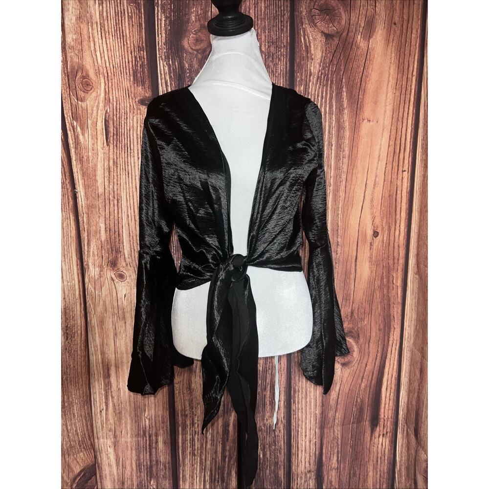 Crop Top Sz Small Black Satin Flared Sleeves Bell Knot V Neck Sexy